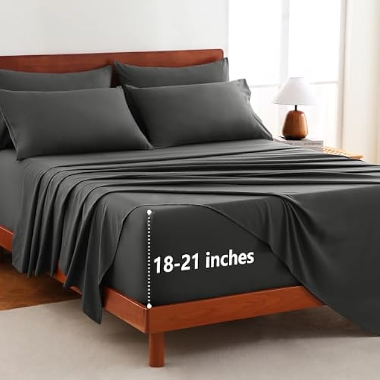 CozyLux Extra Deep Pocket Queen Sheet Set - 6 Piece Sheets Queen Size Bed Set - Fits Up to 21 inches Mattresses Queen Sheets,Breathable Queen Bed Sheets & Pillowcases - Easy & Secure Fit, Dark Grey