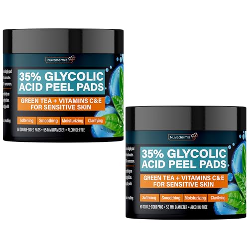 NUVADERMIS 35% Glycolic Acid Peel Pads Exfoliating Facial Resurfacing for Blackheads, Dark Spots, and Acne Safe for Sensitive Skin 60 Double-Sided Pads - 2 Pack