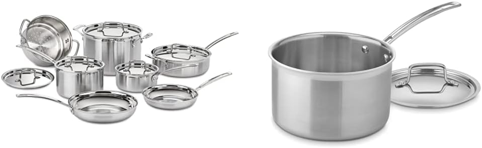 Cuisinart 12 Piece Cookware Set, MultiClad Pro Triple Ply, Silver, MCP-12N & MCP194-20N Multiclad Pro Triple Ply Stainless Cookware 4-Quart Skillet, Saucepan w/Cover