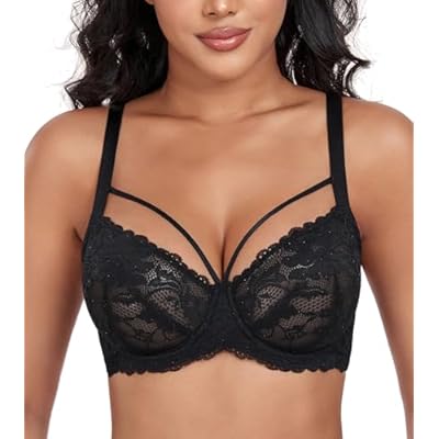 DotVol Womens Plus Size See Through Sexy Lace Bra with Strappy Underwire Everyday Bra