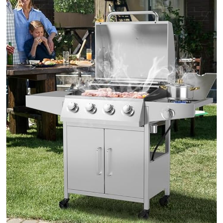 Giantex Propane Gas Grill 50,000 BTU, 4 Main Burners, 1 Side Burner, 2 Prep Tables, Stainless Steel Heavy-Duty BBQ Grill with 4 Wheels for Backyard Party Outdoor Cooking