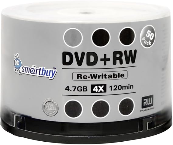 50 Pack Smartbuy Blank DVD+RW 4X 4.7GB 120Min Branded Logo Rewritable DVD Media Disc
