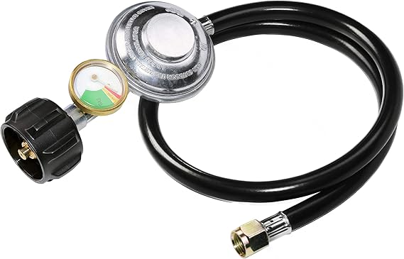 3 Feet Propane Regulator Hose with Propane Tank Gauge Universal Grill Regulator Replacement Parts, QCC1 Hose and Regulator for Most LP Gas Grill, Heater and Fire Pit Table, 3/8" Female Flare Nut