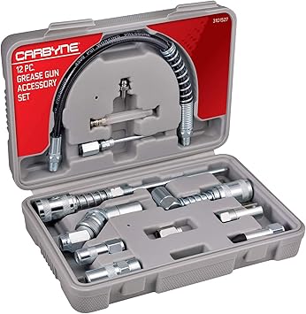 Carbyne 12-Piece Grease Gun Accessory Set, Coupler, Nozzle, 90 Degree Adapter, Flex Hose, Needle Tip Kit, 1/8 in. NPT, Storage Case