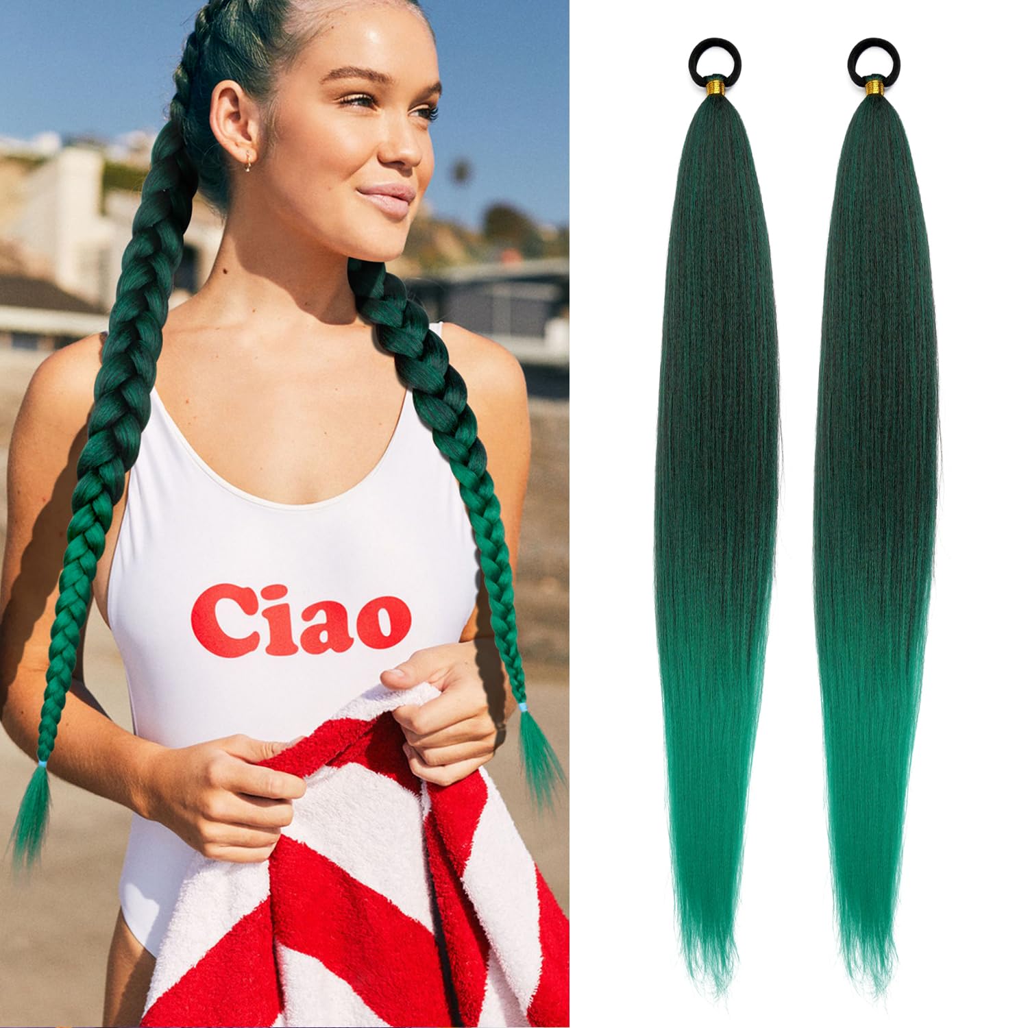 2 Pack Braid Ponytail Extension with Elastic Tie Straight Sleek Wrap Around Braid Wig Ponytail Green gradient 26 Inch Dark greengreen