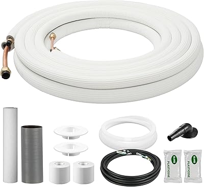 DELLA 50 Ft Mini Split Line Set, Includes 38 & 14 O.D. Copper Pipes with Flared Nuts and a 38 Thick White PE Insulated Coil, Perfect for Mini Split AC and Other HVAC Systems