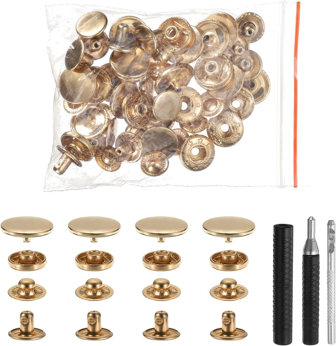 HARFINGTON 25 Set Leather Snap Fasteners Kit 17mm Metal Snap Button Press Studs Leather Rivets Snaps with 3 Setter Tools for Clothes Jackets Jeans Wears Bags, Gold