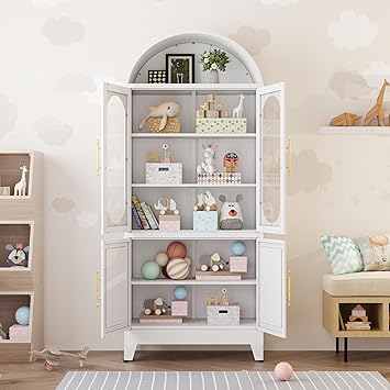 PAOFIN 73" Metal Tall Arched Kitchen Pantry Cabinet, Modern Farmhouse Kitchen Storage Cabinet with 3 Adjustable Shelves, White