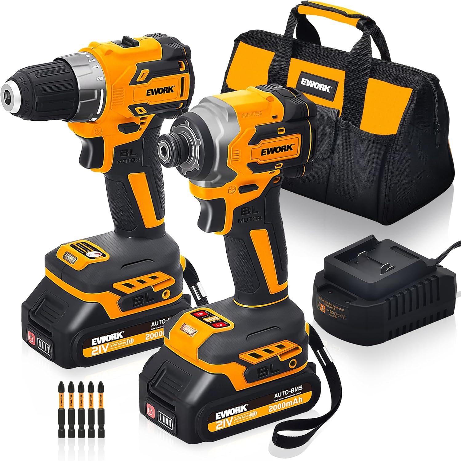 Cordless Drill and Impact Driver Combo 21V Compact Brushless Impact Driver 14 & Cordless Drill 38 with 2 x 2.0Ah Batteries and Fast Charger & Tool Bag, Power Tool Kit for Professional User or DIY