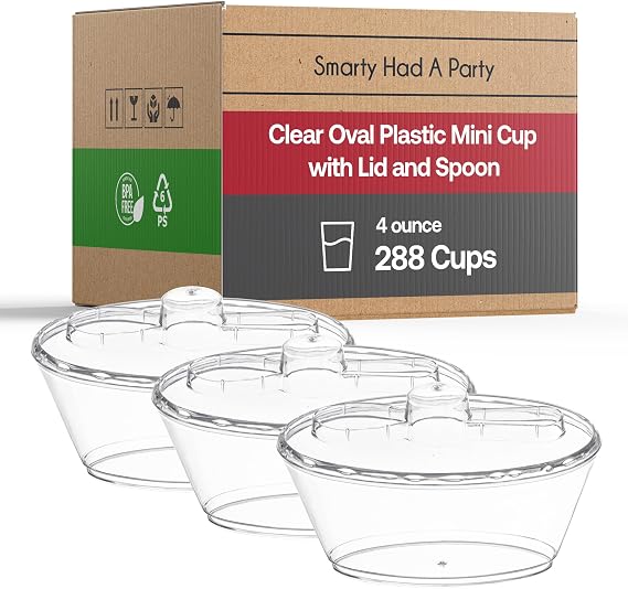 Disposable Plastic Cups, Ice Cream Bowls - Tumblers for Ice cream, Yogurt, Fruit, Cheesecake, Pudding - Bulk Party Supplies for Wedding (Clear, 4 oz Cups with Lids and Spoons (288 Cups))