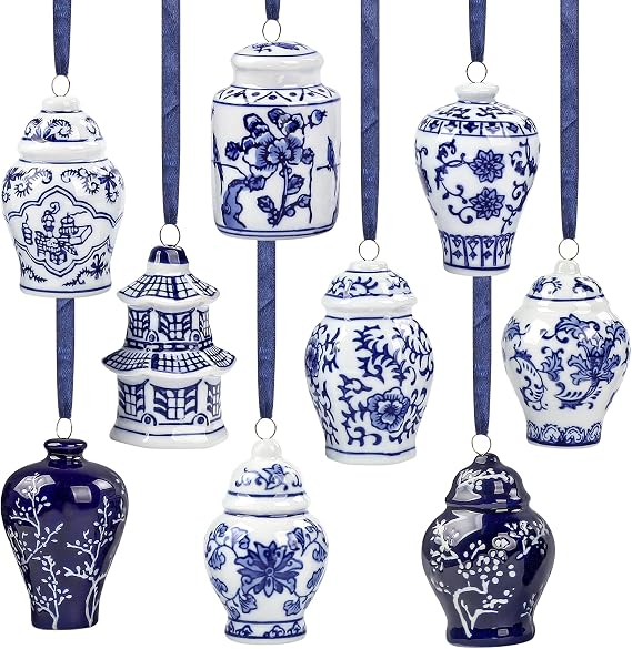 YIYA 9 Pack Porcelain Christmas Tree Ornaments 3.5 in Blue and White Ornaments Christmas Chinoiserie Hanging Ornaments Mini Ginger Jar for Xmas Tree Vintage Decoration